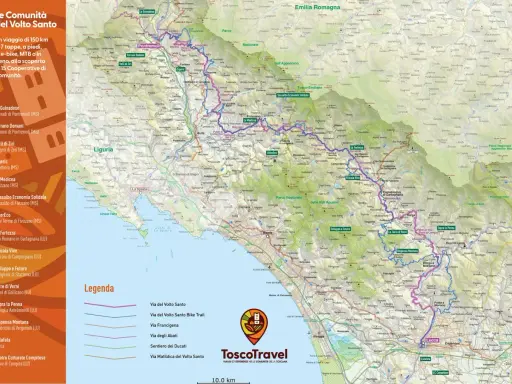 Mappa del percorso Via del Volto Santo, un viaggio di 150 km tra sentieri, bici e treno, attraverso la Toscana.
