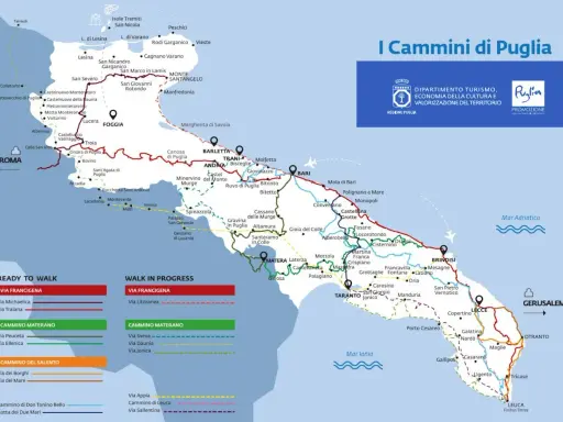 Mappa dei cammini in Puglia, con percorsi della Via Francigena e altri itinerari.