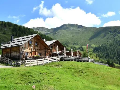 Malga Alto Adige, un rifugio in legno con tavoli all'aperto, circondato da verdi pendii e montagne boscose sotto un cielo azzurro con nuvole bianche.