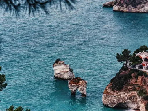 Scogliere mozzafiato e spiagge deserte Italia, con faraglioni che emergono dal mare turchese e una villa panoramica.