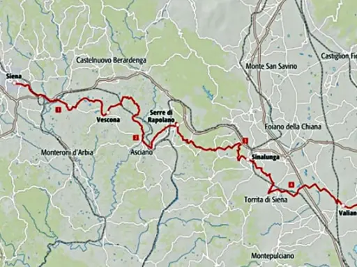 Mappa del percorso Via Lauretana Toscana, con tappe da Siena a Cortona, passando per Asciano e Sinalunga.