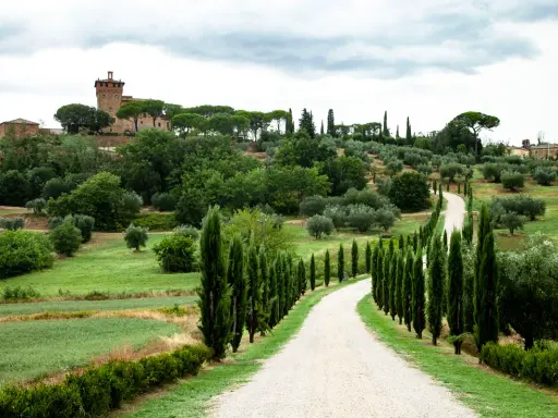 Un suggestivo itinerario Val d'Orcia 2 giorni: strada bianca tra cipressi e colline verdi, con un borgo in lontananza.