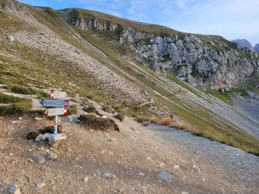 Sentiero della via normale al Corno Grande del Gran Sasso. Cartelli indicatori per Campo Imperatore e altre destinazioni.