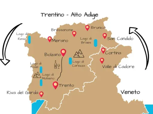 Mappa illustrata del Trentino-Alto Adige con tappe come Lago di Resia, Bolzano, Trento, Cortina. Un itinerario trentino alto adige da scoprire.