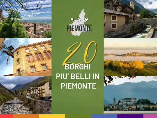 Collage di immagini che mostrano scorci di **borghi da visitare in Piemonte**, con il numero 20 e la scritta "Borghi più belli in Piemonte".