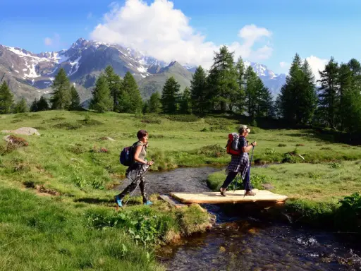 Due escursioniste attraversano un ruscello su un ponte di legno, godendosi un'attività in montagna tra prati verdi e cime innevate.