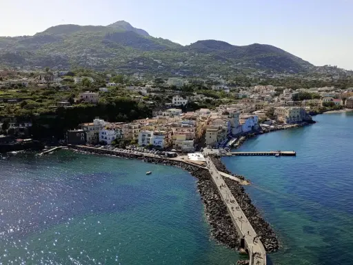 Ischia vista da Napoli: un borgo colorato si affaccia sul mare blu, con montagne verdi sullo sfondo.