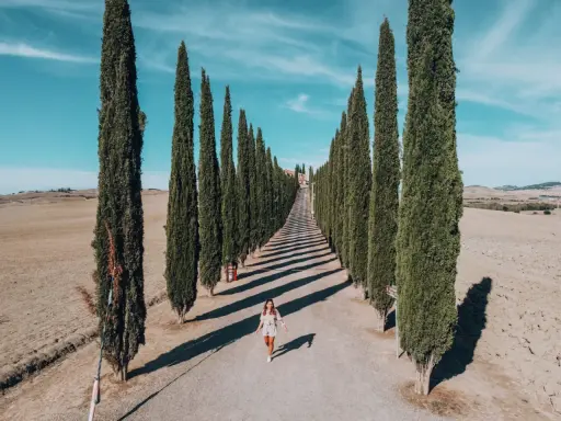 Viale di cipressi nel Val d'Orcia, un'icona da vedere in 3 giorni. Una donna cammina lungo la strada sterrata.