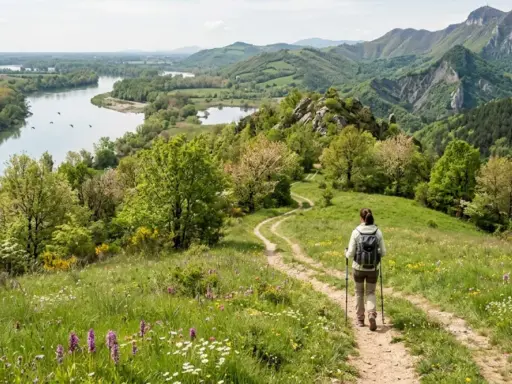 Donna con zaino e bastoncini da trekking su sentiero fiorito, godendosi le escursioni in Emilia Romagna con vista su fiume e montagne.