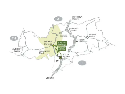 Mappa che mostra la posizione di Merano, con collegamenti a Zurigo, Monaco, Verona e altre località in Alto Adige.