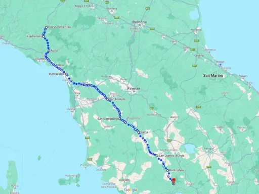 Mappa che mostra percorsi a piedi in Toscana, da Genova a Radicofani, passando per Lucca, Firenze, Siena e San Quirico d'Orcia.