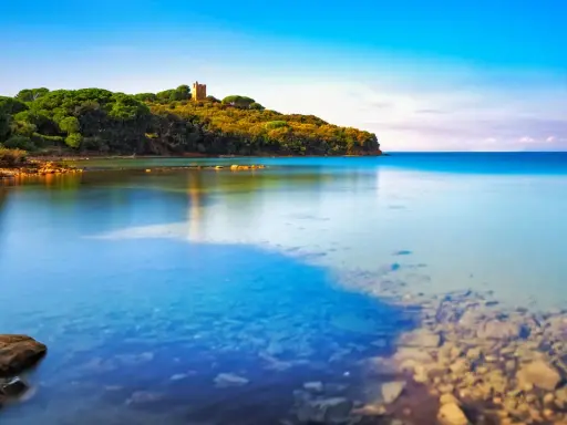 Torre medievale su una collina verdeggiante affacciata sul limpido **golfo di Follonica**. Acque calme e trasparenti riflettono il cielo azzurro.