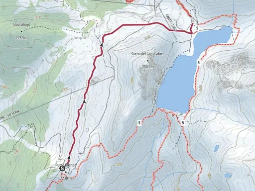 Mappa escursionistica che mostra come arrivare al rifugio Gabiet, con sentieri segnati e altitudini.