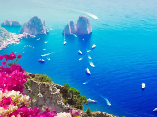 Un giorno a Capri: scogliere rocciose, mare blu intenso e barche che solcano le onde, con bouganville rosa in primo piano.