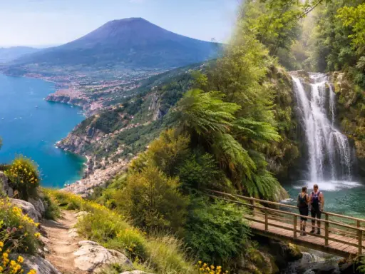 Sentiero costiera amalfitana: vista panoramica sul golfo con il Vesuvio e una cascata nascosta tra la vegetazione.