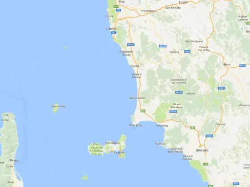 Mappa dell'Arcipelago Toscano, con l'Isola d'Elba e Portoferraio ben visibili. Si trova nel Mar Tirreno, a est della Corsica.