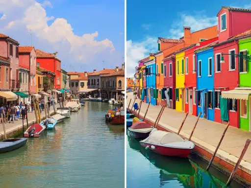 Canali di Burano e Murano, con case colorate e barche ormeggiate.