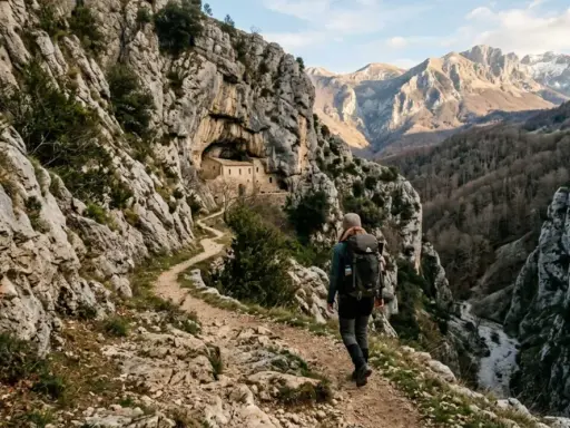 Escursionista su un sentiero dello spirito, con un antico eremo incastonato nella roccia e montagne sullo sfondo.