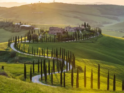 Un sogno per un tour Toscana 3 giorni: colline verdi, cipressi e un casale al tramonto.