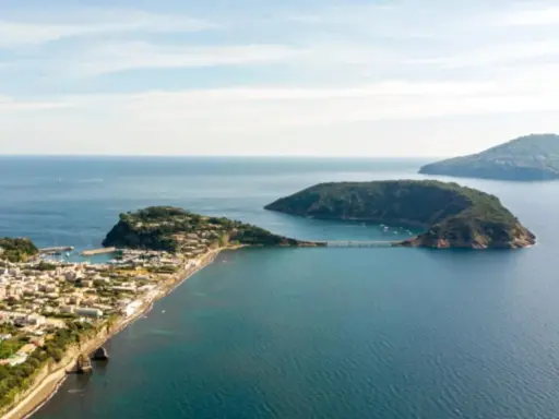 Panoramica di un'isoletta tra Napoli e Ischia, con un borgo costiero, un porto turistico e un ponte che collega a un'altra isola verdeggiante.