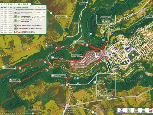 Mappa delle Vie Cave e sentieri, con itinerari che attraversano il centro storico Pitigliano e le sue necropoli.