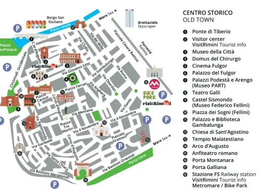 Mappa del centro storico di Rimini: scopri cosa vedere, dal Ponte di Tiberio al Tempio Malatestiano, passando per musei e parchi.