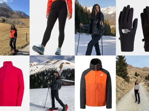 Abbigliamento per camminare in inverno: giacche, pantaloni, guanti e pile per affrontare il freddo in montagna.