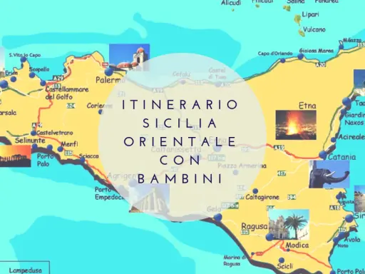 Mappa della Sicilia con itinerario di 7 giorni per famiglie. Include immagini di Etna, Taormina, Siracusa e templi greci.