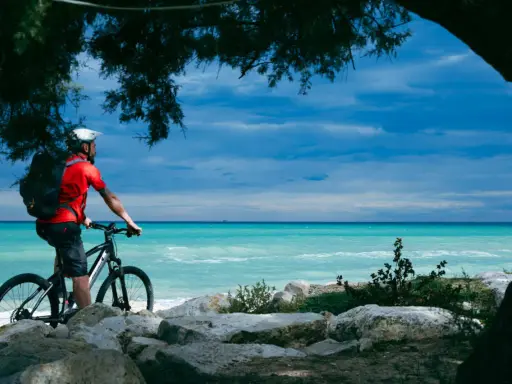 Ciclista ammira il mare turchese lungo la ciclovia adriatica in Abruzzo, con alberi che incorniciano la scena.