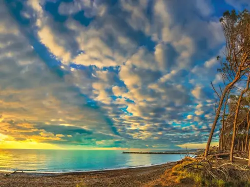 Tramonto su una spiaggia toscana, con pini marittimi e un mare calmo. Un'immagine perfetta per scoprire località mare toscana economiche.