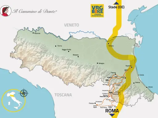 Mappa del Cammino di Dante, con le tappe da Piacenza a Roma, passando per Bologna e Firenze.