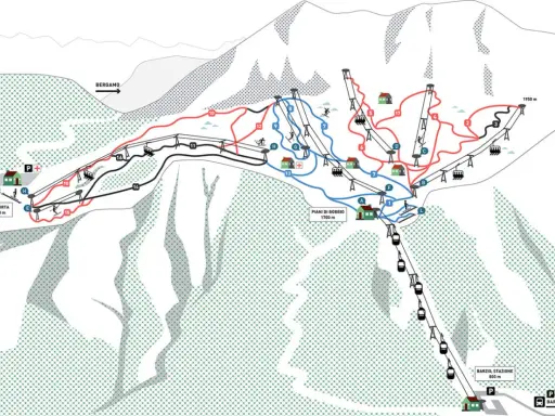 Mappa delle piste da sci di Piani di Bobbio, con sentieri rossi e blu, seggiovie e cabinovie. Indicazioni per Bergamo e Barzio.
