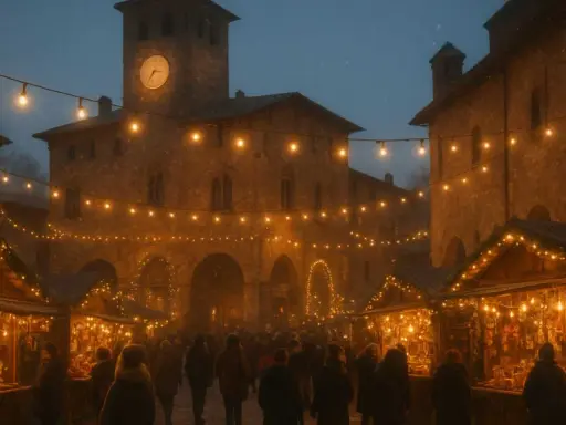 Mercatino natalizio a Grazzano Visconti, con bancarelle illuminate e gente che passeggia. Un'atmosfera magica per scoprire tante cose da fare a Grazzano Visconti.