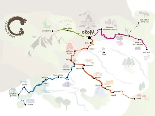 Mappa illustrata del Cammino di Oropa, un percorso tra santuari e borghi in Italia, con sentieri colorati che attraversano montagne e valli.