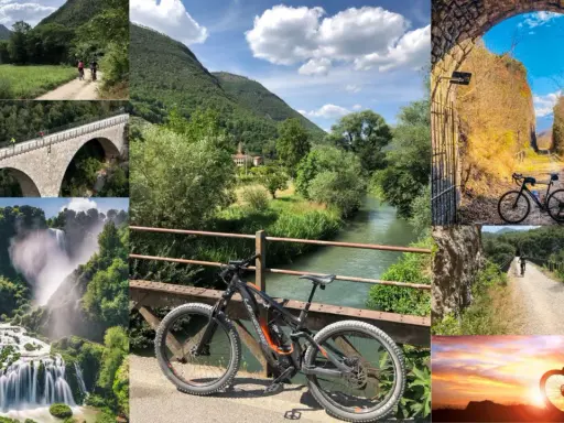 Ciclisti sul **Spoleto Norcia trail**: ponti, cascate, tunnel e panorami mozzafiato.