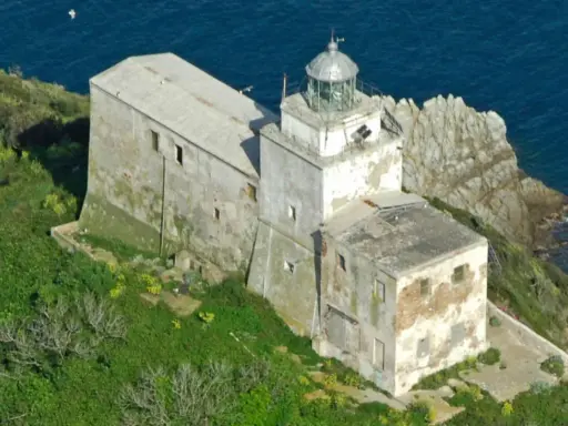 Faro abbandonato sull'isola di Palmaiola, con edifici in rovina e vegetazione rigogliosa che abbraccia la costa rocciosa.