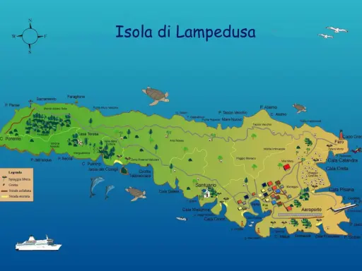 Mappa illustrata dell'isola presso Lampedusa, con spiagge, grotte, sentieri e luoghi d'interesse.