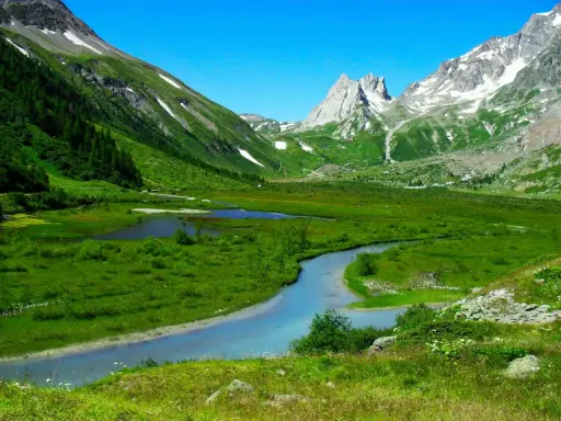 Val Ferret, un paradiso per passeggiate facili. Un fiume serpeggia tra prati verdi e montagne innevate sotto un cielo azzurro.