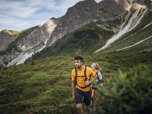 Coppia in escursioni alto adige, camminano su un sentiero verdeggiante con montagne imponenti sullo sfondo.