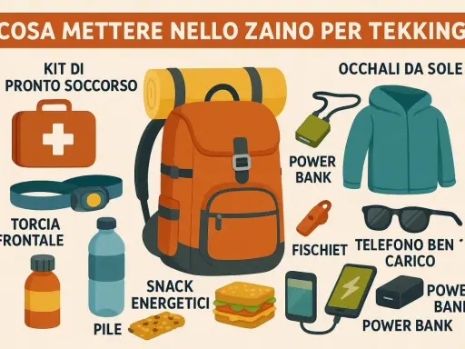 Zaino da trekking con kit pronto soccorso, torcia, snack, power bank, fischietto, occhiali da sole e giacca. Guida su cosa mettere nello zaino per 3 giorni.