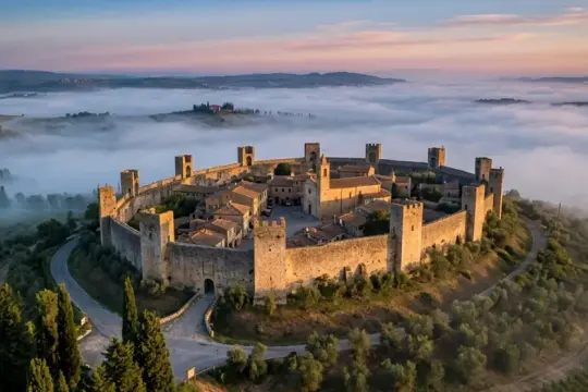 Borghi medievali immersi nella nebbia mattutina, con un castello fortificato che domina la collina. Un'immagine suggestiva dei borghi vicino Volterra.