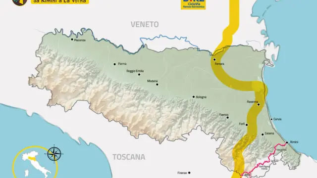 Mappa del Cammino di San Francesco da Rimini a La Verna, con percorso giallo e città segnate.