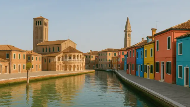 Canale con case colorate a Burano e la Basilica di Torcello. Un sogno di "Murano et Burano en 1 jour".