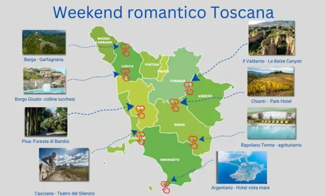 Mappa della Toscana con itinerari per un weekend romantico, inclusi tour cantine toscana, borghi e paesaggi mozzafiato.