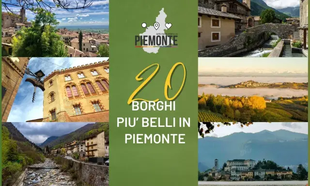 Collage di immagini che mostrano scorci di **borghi da visitare in Piemonte**, con il numero 20 e la scritta "Borghi più belli in Piemonte".