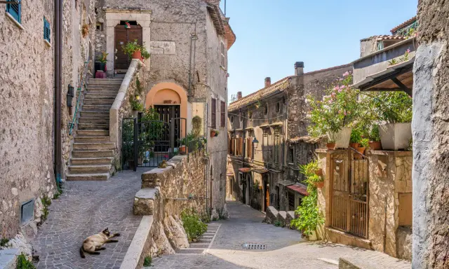 Un gatto si gode il sole in un vicolo acciottolato, tra antiche case di pietra e scale ripide. Un'atmosfera autentica di borghi da visitare nel nord Italia.
