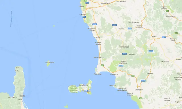 Mappa dell'Arcipelago Toscano, con l'Isola d'Elba e Portoferraio ben visibili. Si trova nel Mar Tirreno, a est della Corsica.
