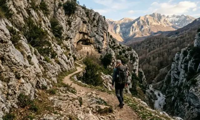 Escursionista su un sentiero dello spirito, con un antico eremo incastonato nella roccia e montagne sullo sfondo.