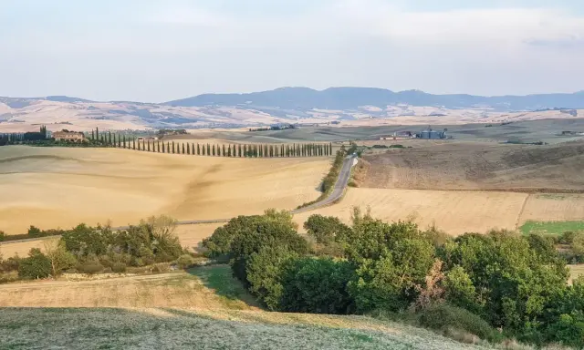 Colline dorate e cipressi iconici nel Val d'Orcia, con un borgo in lontananza. Un paesaggio da cartolina.