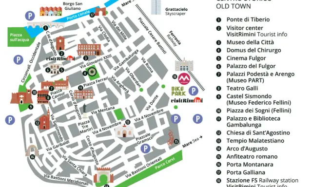 Mappa del centro storico di Rimini: scopri cosa vedere, dal Ponte di Tiberio al Tempio Malatestiano, passando per musei e parchi.
